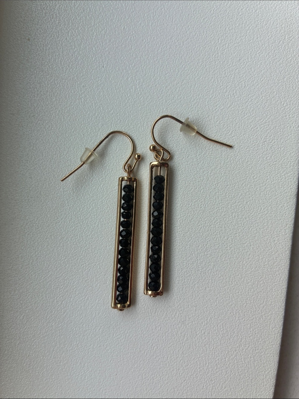 Gold Bar Drop Earrings with Black Stones - Women Jewelry